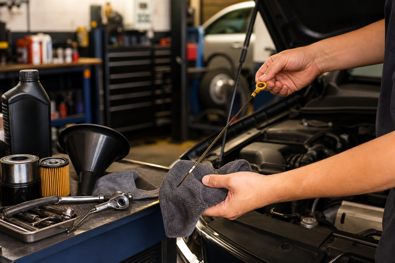 Oil service tools in an automotive shop